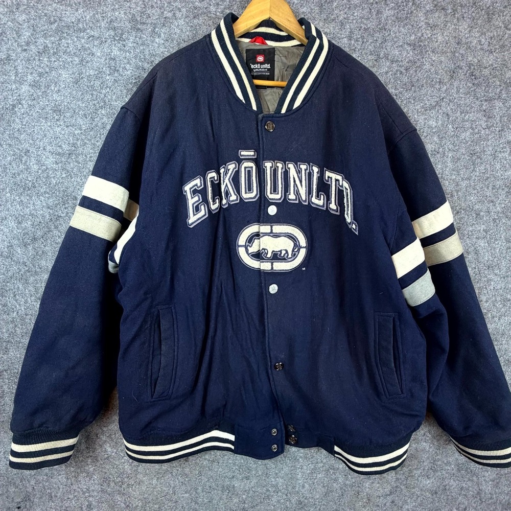 Ecko Unltd. Varsity Jacket Mens 2XL Blue Lined Spellout Embroidered Snap Front